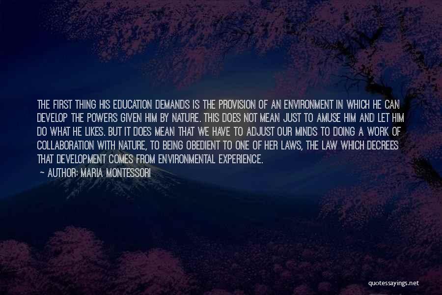 Maria Montessori Quotes: The First Thing His Education Demands Is The Provision Of An Environment In Which He Can Develop The Powers Given