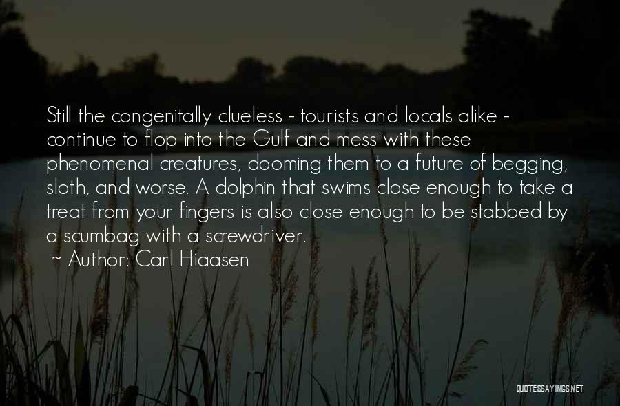 Carl Hiaasen Quotes: Still The Congenitally Clueless - Tourists And Locals Alike - Continue To Flop Into The Gulf And Mess With These