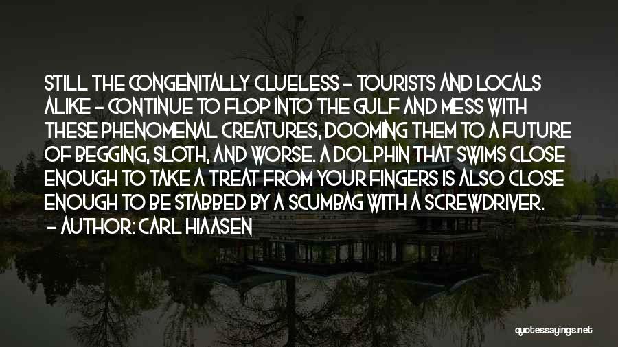 Carl Hiaasen Quotes: Still The Congenitally Clueless - Tourists And Locals Alike - Continue To Flop Into The Gulf And Mess With These