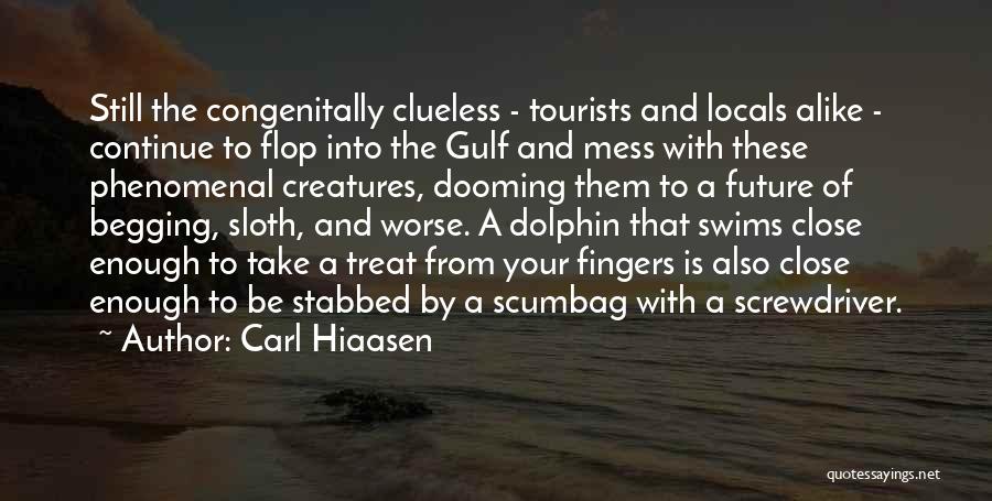 Carl Hiaasen Quotes: Still The Congenitally Clueless - Tourists And Locals Alike - Continue To Flop Into The Gulf And Mess With These