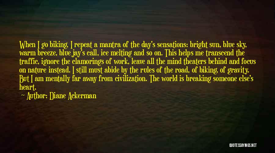 Diane Ackerman Quotes: When I Go Biking, I Repeat A Mantra Of The Day's Sensations: Bright Sun, Blue Sky, Warm Breeze, Blue Jay's