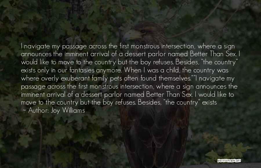 Joy Williams Quotes: I Navigate My Passage Across The First Monstrous Intersection, Where A Sign Announces The Imminent Arrival Of A Dessert Parlor
