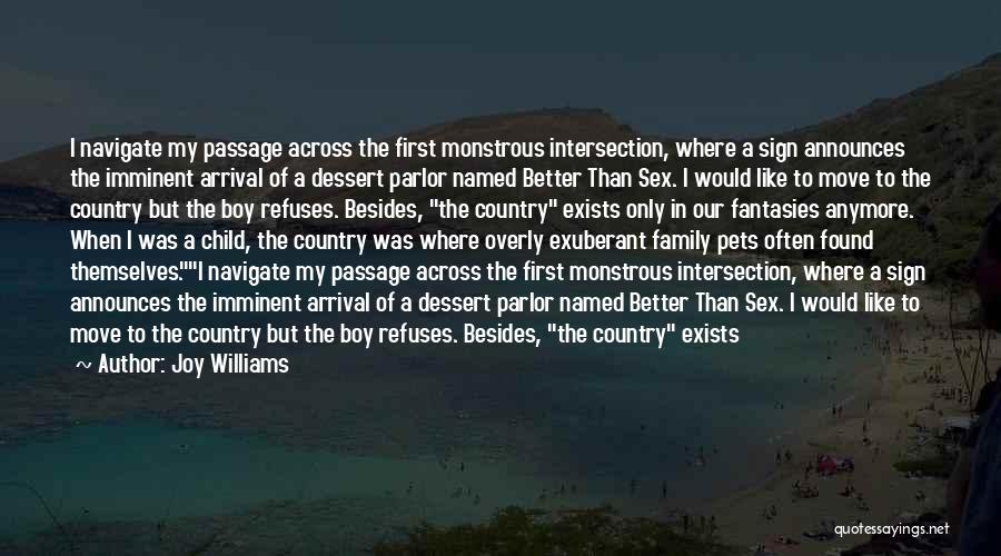 Joy Williams Quotes: I Navigate My Passage Across The First Monstrous Intersection, Where A Sign Announces The Imminent Arrival Of A Dessert Parlor