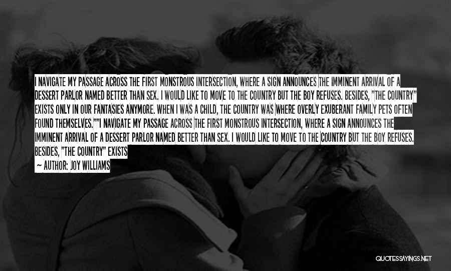 Joy Williams Quotes: I Navigate My Passage Across The First Monstrous Intersection, Where A Sign Announces The Imminent Arrival Of A Dessert Parlor