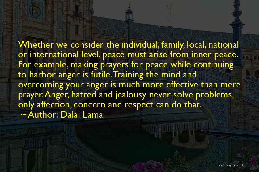 Dalai Lama Quotes: Whether We Consider The Individual, Family, Local, National Or International Level, Peace Must Arise From Inner Peace. For Example, Making