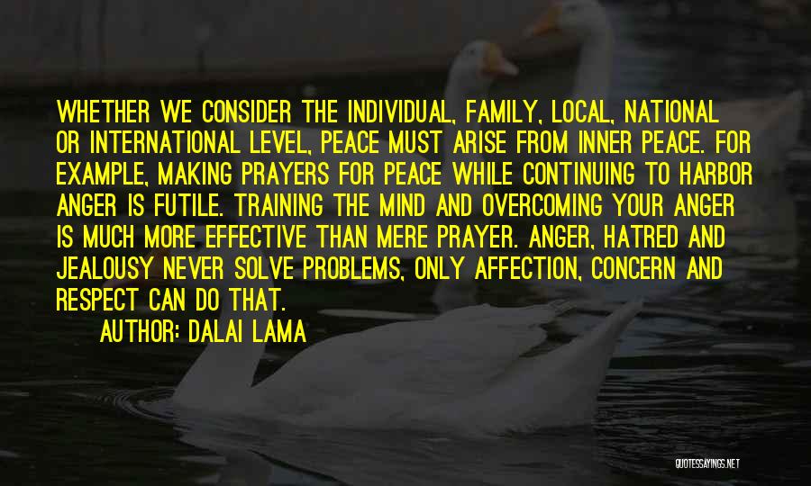 Dalai Lama Quotes: Whether We Consider The Individual, Family, Local, National Or International Level, Peace Must Arise From Inner Peace. For Example, Making