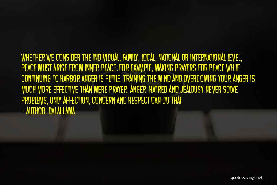 Dalai Lama Quotes: Whether We Consider The Individual, Family, Local, National Or International Level, Peace Must Arise From Inner Peace. For Example, Making