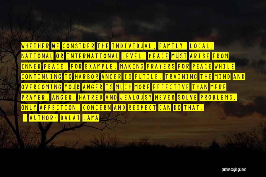 Dalai Lama Quotes: Whether We Consider The Individual, Family, Local, National Or International Level, Peace Must Arise From Inner Peace. For Example, Making