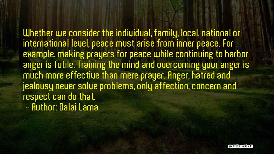 Dalai Lama Quotes: Whether We Consider The Individual, Family, Local, National Or International Level, Peace Must Arise From Inner Peace. For Example, Making