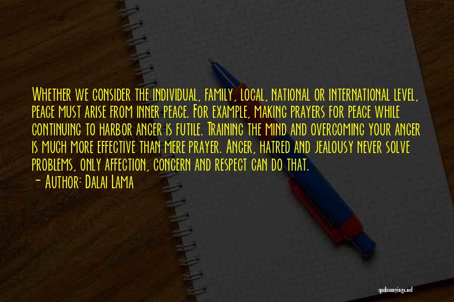 Dalai Lama Quotes: Whether We Consider The Individual, Family, Local, National Or International Level, Peace Must Arise From Inner Peace. For Example, Making