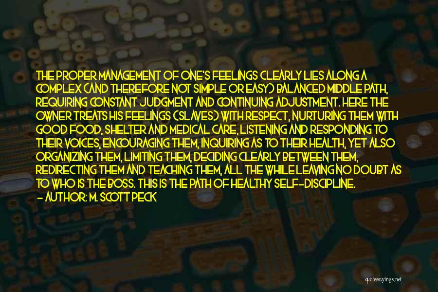 M. Scott Peck Quotes: The Proper Management Of One's Feelings Clearly Lies Along A Complex (and Therefore Not Simple Or Easy) Balanced Middle Path,