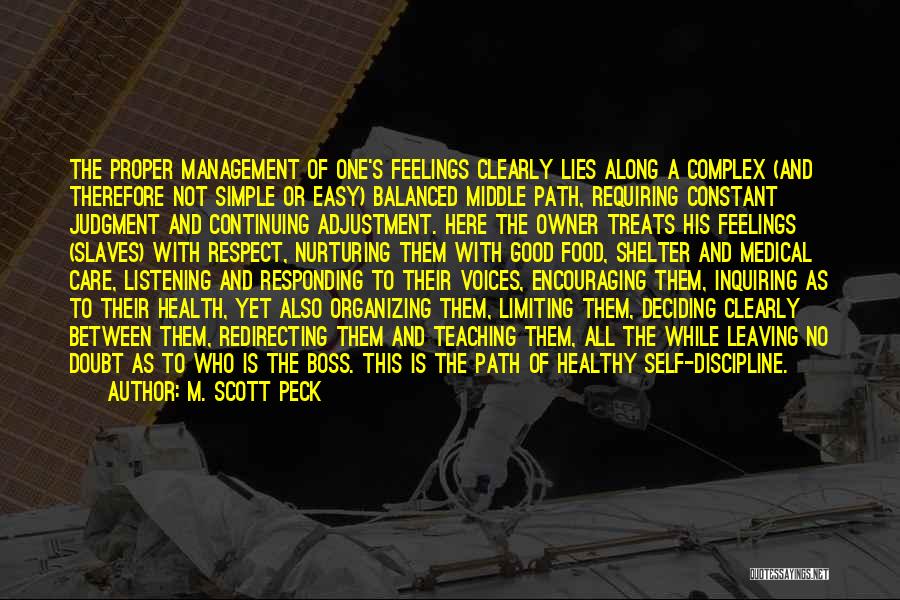 M. Scott Peck Quotes: The Proper Management Of One's Feelings Clearly Lies Along A Complex (and Therefore Not Simple Or Easy) Balanced Middle Path,