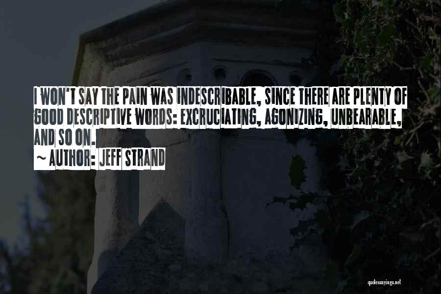 Jeff Strand Quotes: I Won't Say The Pain Was Indescribable, Since There Are Plenty Of Good Descriptive Words: Excruciating, Agonizing, Unbearable, And So