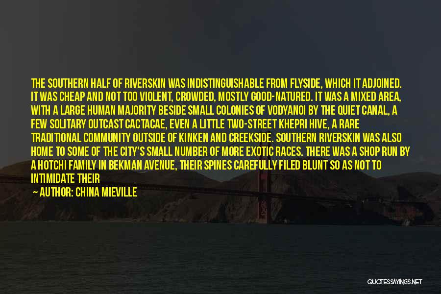 China Mieville Quotes: The Southern Half Of Riverskin Was Indistinguishable From Flyside, Which It Adjoined. It Was Cheap And Not Too Violent, Crowded,