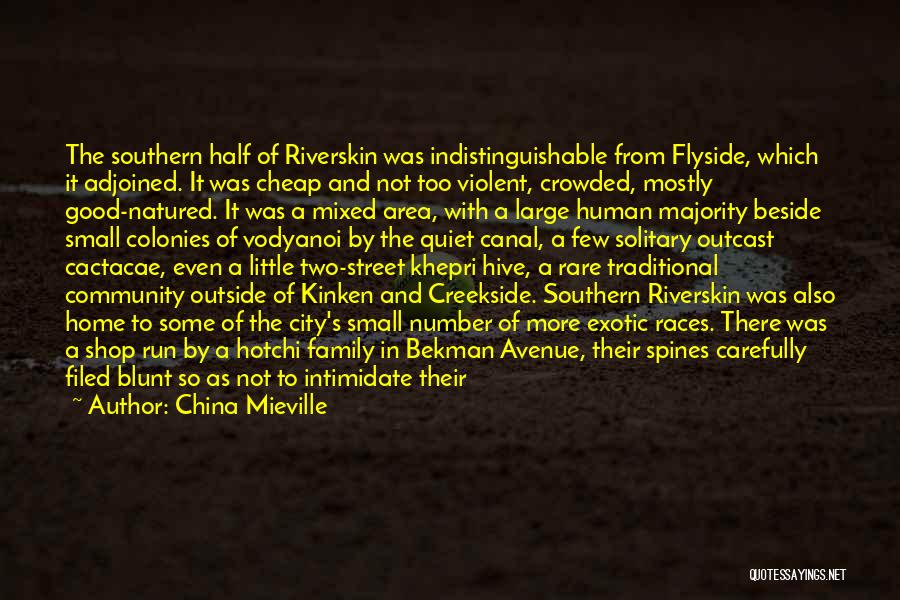 China Mieville Quotes: The Southern Half Of Riverskin Was Indistinguishable From Flyside, Which It Adjoined. It Was Cheap And Not Too Violent, Crowded,