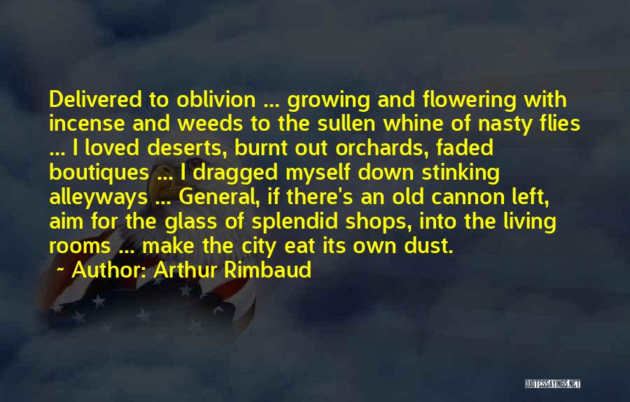 Arthur Rimbaud Quotes: Delivered To Oblivion ... Growing And Flowering With Incense And Weeds To The Sullen Whine Of Nasty Flies ... I