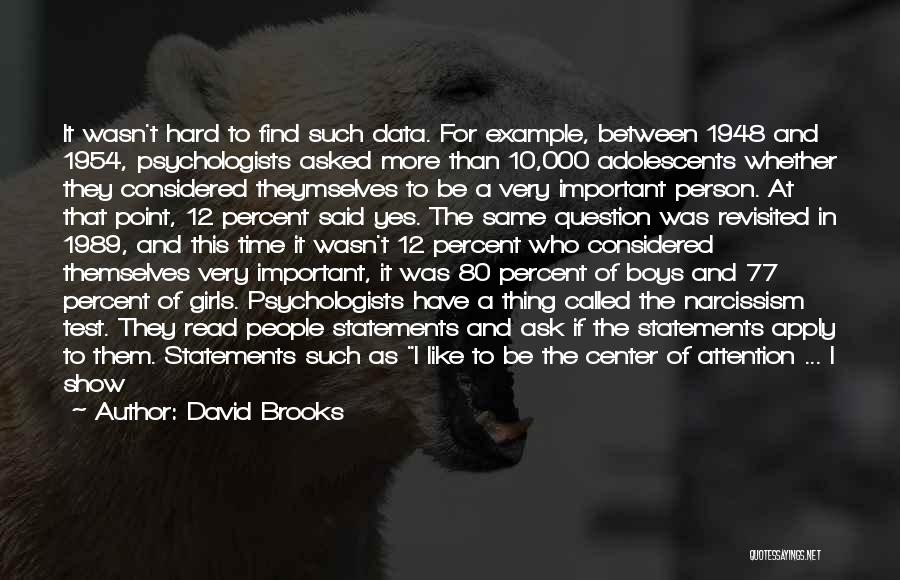 David Brooks Quotes: It Wasn't Hard To Find Such Data. For Example, Between 1948 And 1954, Psychologists Asked More Than 10,000 Adolescents Whether