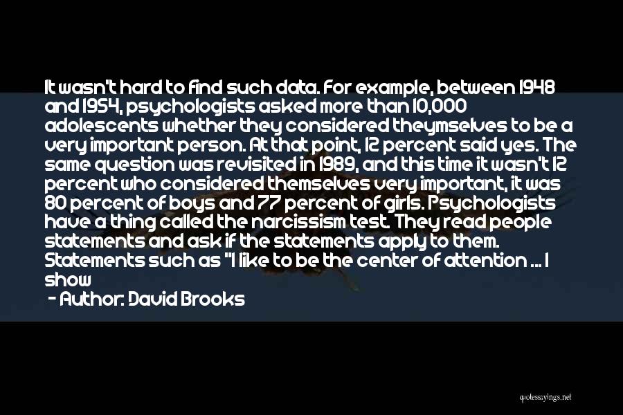 David Brooks Quotes: It Wasn't Hard To Find Such Data. For Example, Between 1948 And 1954, Psychologists Asked More Than 10,000 Adolescents Whether