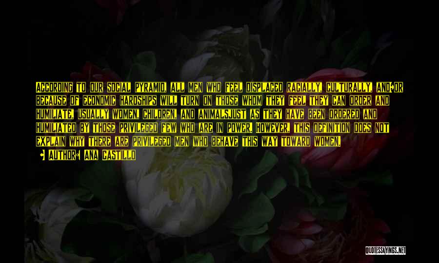 Ana Castillo Quotes: According To Our Social Pyramid, All Men Who Feel Displaced Racially, Culturally, And/or Because Of Economic Hardships Will Turn On