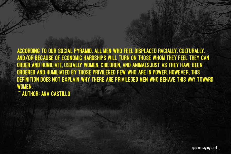 Ana Castillo Quotes: According To Our Social Pyramid, All Men Who Feel Displaced Racially, Culturally, And/or Because Of Economic Hardships Will Turn On