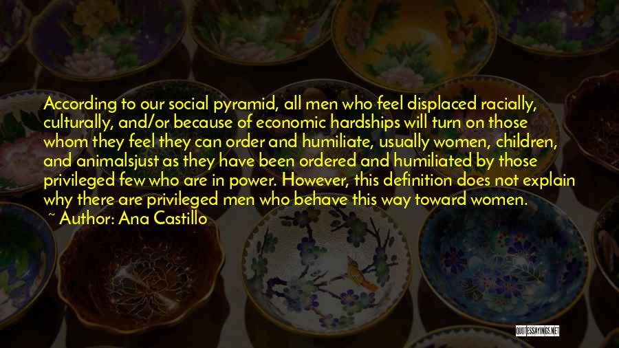 Ana Castillo Quotes: According To Our Social Pyramid, All Men Who Feel Displaced Racially, Culturally, And/or Because Of Economic Hardships Will Turn On