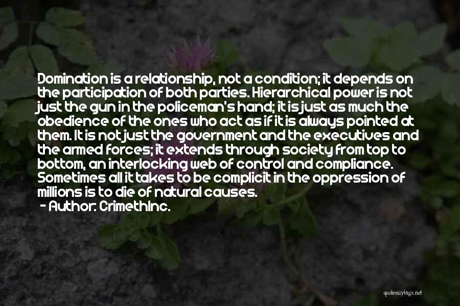 CrimethInc. Quotes: Domination Is A Relationship, Not A Condition; It Depends On The Participation Of Both Parties. Hierarchical Power Is Not Just