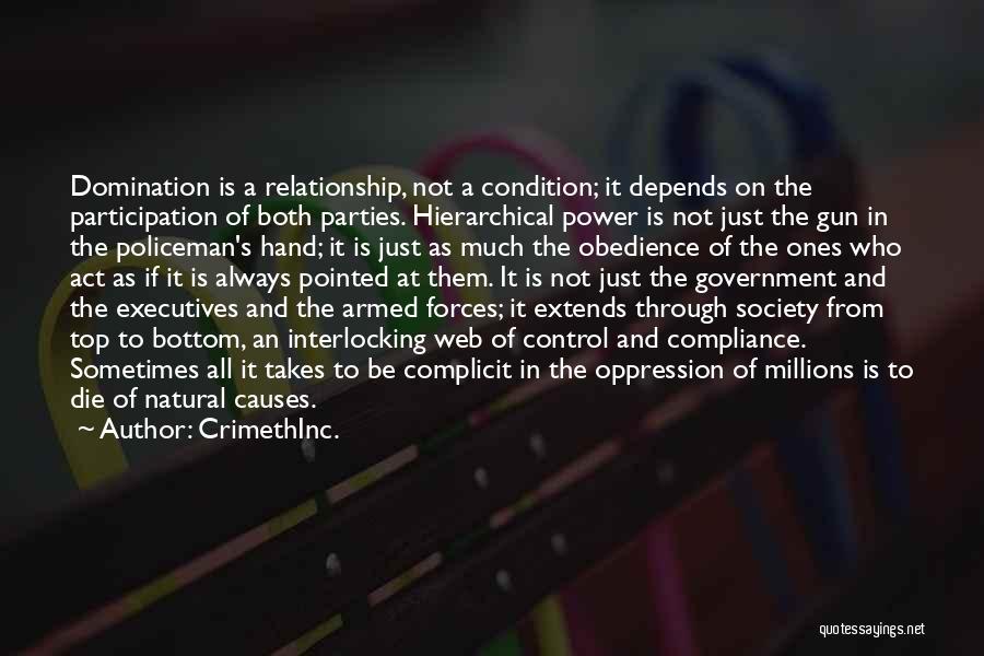 CrimethInc. Quotes: Domination Is A Relationship, Not A Condition; It Depends On The Participation Of Both Parties. Hierarchical Power Is Not Just