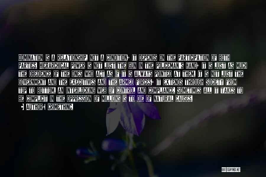 CrimethInc. Quotes: Domination Is A Relationship, Not A Condition; It Depends On The Participation Of Both Parties. Hierarchical Power Is Not Just