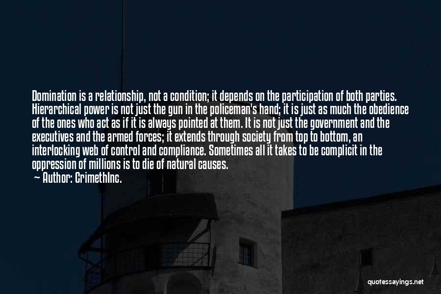 CrimethInc. Quotes: Domination Is A Relationship, Not A Condition; It Depends On The Participation Of Both Parties. Hierarchical Power Is Not Just