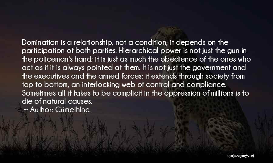 CrimethInc. Quotes: Domination Is A Relationship, Not A Condition; It Depends On The Participation Of Both Parties. Hierarchical Power Is Not Just