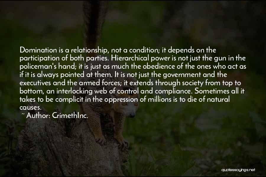 CrimethInc. Quotes: Domination Is A Relationship, Not A Condition; It Depends On The Participation Of Both Parties. Hierarchical Power Is Not Just
