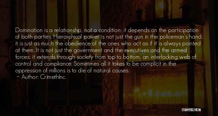 CrimethInc. Quotes: Domination Is A Relationship, Not A Condition; It Depends On The Participation Of Both Parties. Hierarchical Power Is Not Just