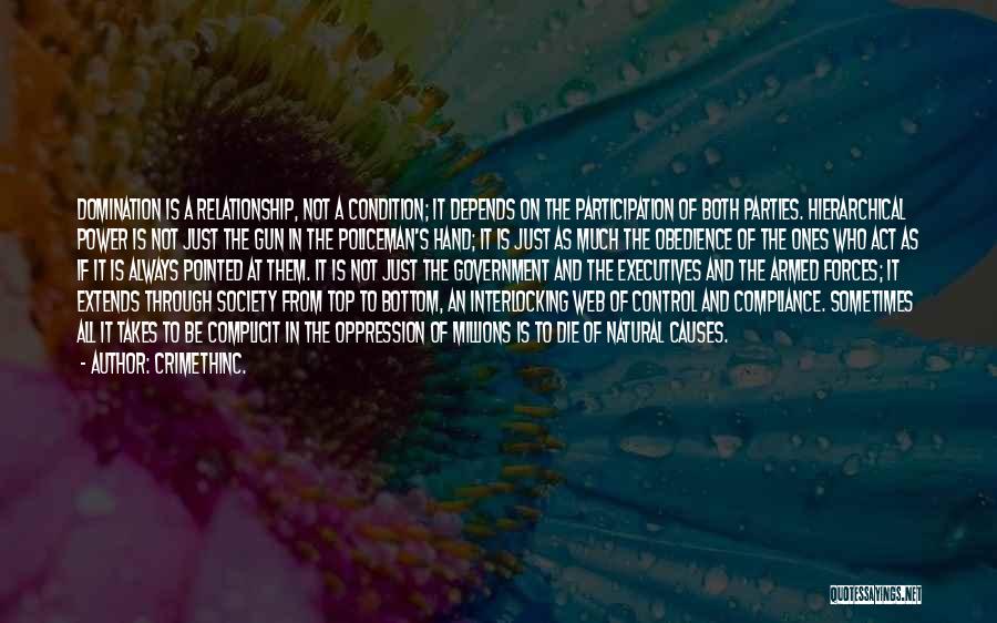 CrimethInc. Quotes: Domination Is A Relationship, Not A Condition; It Depends On The Participation Of Both Parties. Hierarchical Power Is Not Just