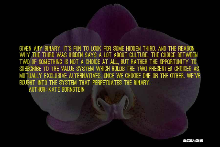 Kate Bornstein Quotes: Given Any Binary, It's Fun To Look For Some Hidden Third, And The Reason Why The Third Was Hidden Says
