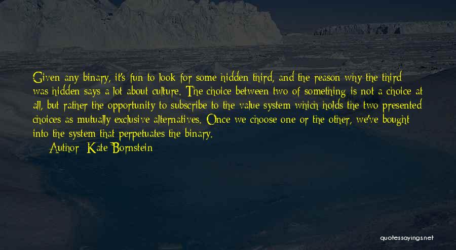 Kate Bornstein Quotes: Given Any Binary, It's Fun To Look For Some Hidden Third, And The Reason Why The Third Was Hidden Says