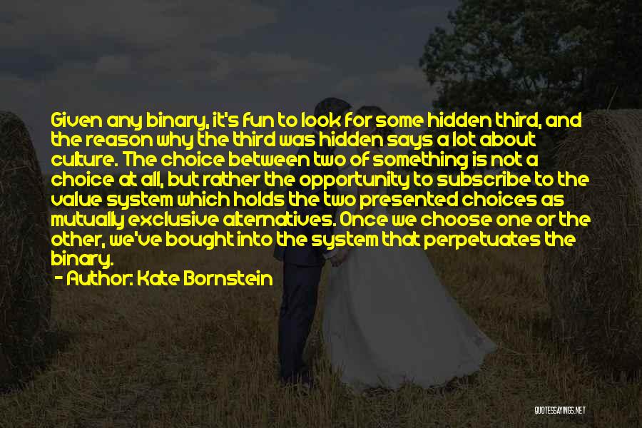 Kate Bornstein Quotes: Given Any Binary, It's Fun To Look For Some Hidden Third, And The Reason Why The Third Was Hidden Says