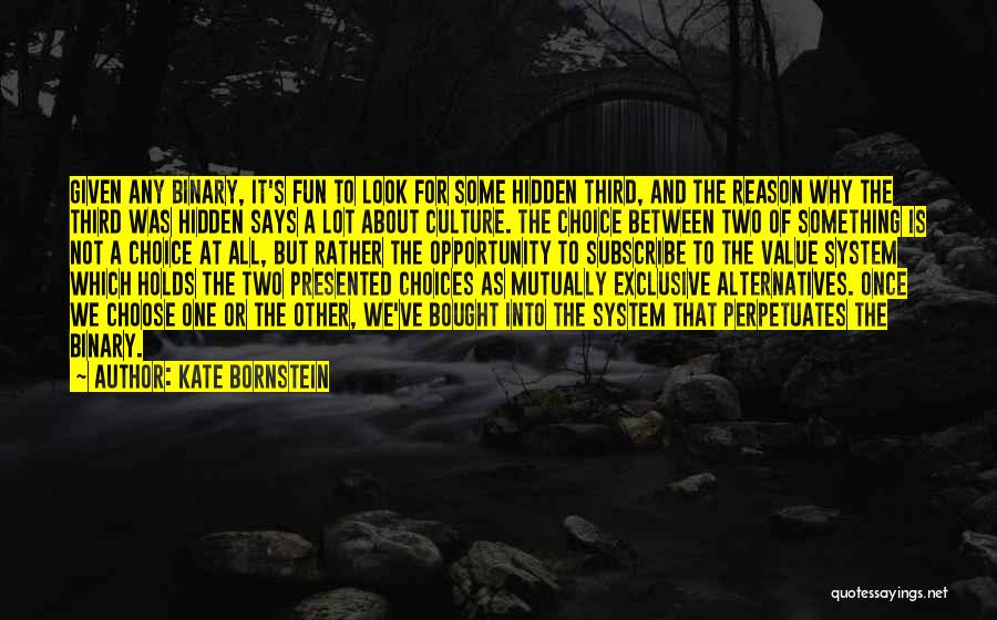 Kate Bornstein Quotes: Given Any Binary, It's Fun To Look For Some Hidden Third, And The Reason Why The Third Was Hidden Says