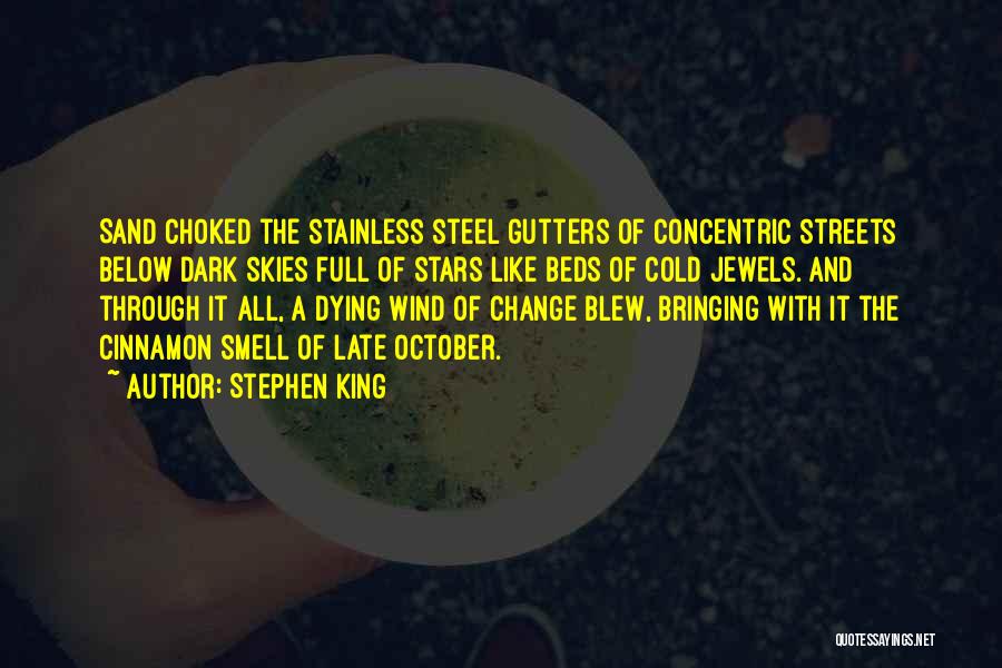 Stephen King Quotes: Sand Choked The Stainless Steel Gutters Of Concentric Streets Below Dark Skies Full Of Stars Like Beds Of Cold Jewels.