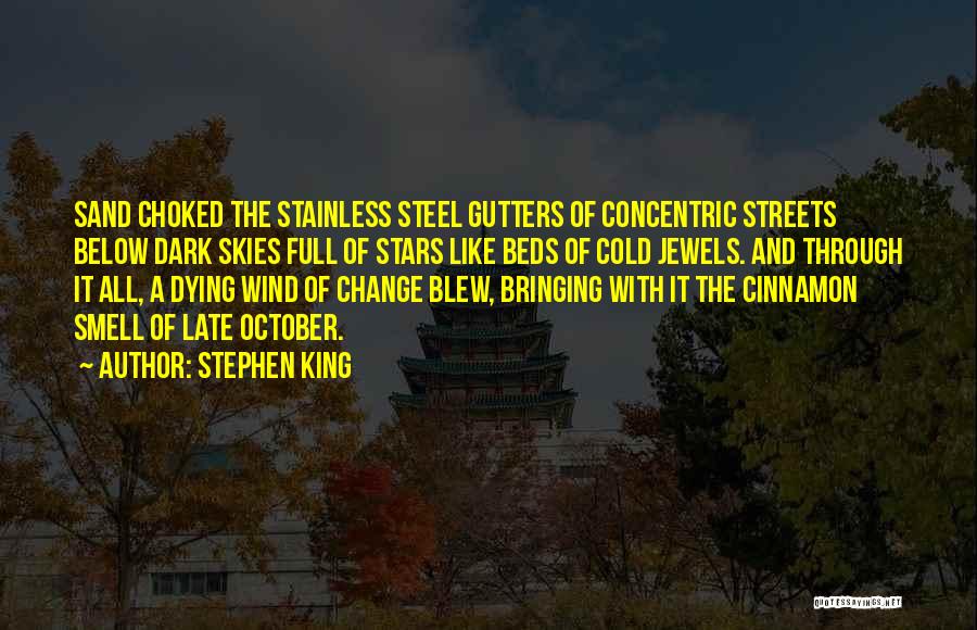 Stephen King Quotes: Sand Choked The Stainless Steel Gutters Of Concentric Streets Below Dark Skies Full Of Stars Like Beds Of Cold Jewels.