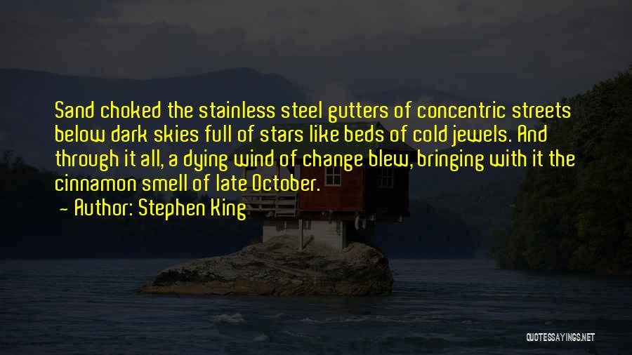 Stephen King Quotes: Sand Choked The Stainless Steel Gutters Of Concentric Streets Below Dark Skies Full Of Stars Like Beds Of Cold Jewels.