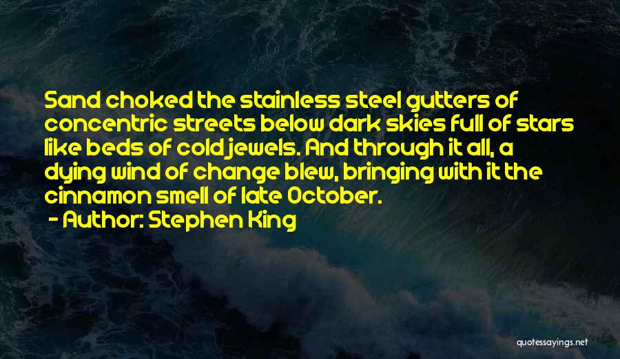 Stephen King Quotes: Sand Choked The Stainless Steel Gutters Of Concentric Streets Below Dark Skies Full Of Stars Like Beds Of Cold Jewels.