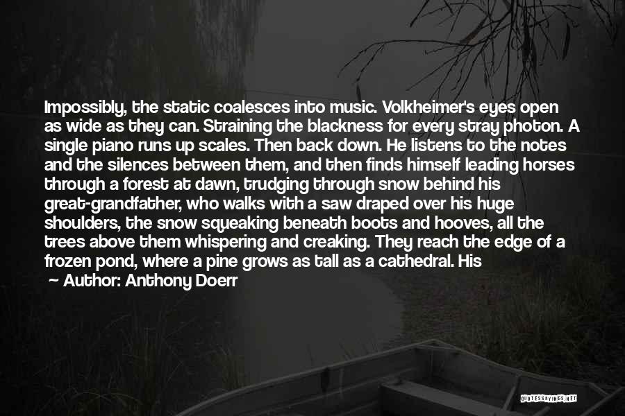 Anthony Doerr Quotes: Impossibly, The Static Coalesces Into Music. Volkheimer's Eyes Open As Wide As They Can. Straining The Blackness For Every Stray