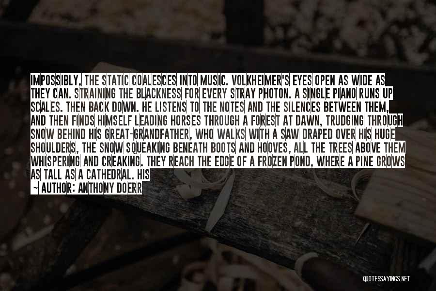 Anthony Doerr Quotes: Impossibly, The Static Coalesces Into Music. Volkheimer's Eyes Open As Wide As They Can. Straining The Blackness For Every Stray