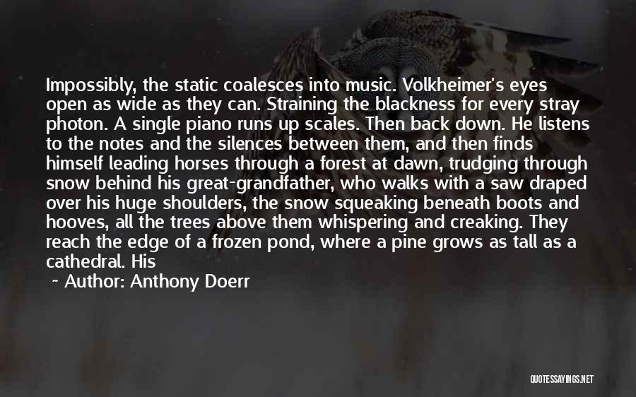 Anthony Doerr Quotes: Impossibly, The Static Coalesces Into Music. Volkheimer's Eyes Open As Wide As They Can. Straining The Blackness For Every Stray