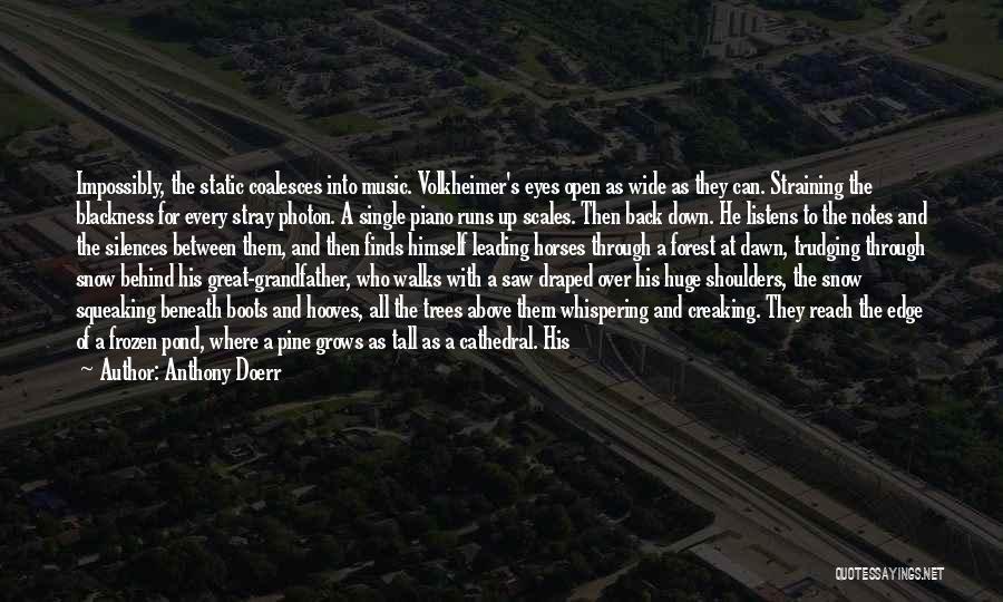 Anthony Doerr Quotes: Impossibly, The Static Coalesces Into Music. Volkheimer's Eyes Open As Wide As They Can. Straining The Blackness For Every Stray