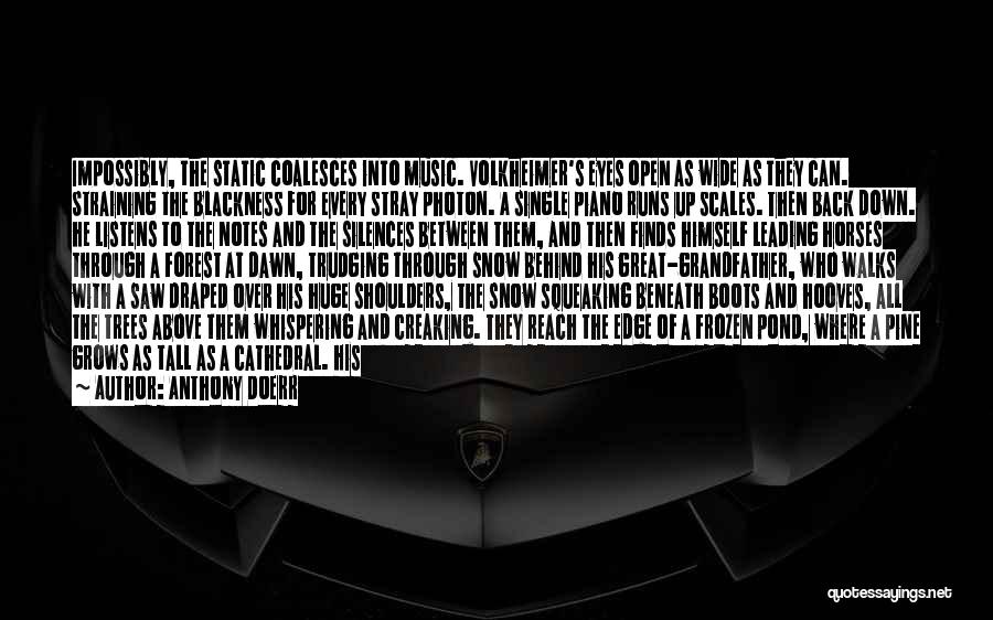 Anthony Doerr Quotes: Impossibly, The Static Coalesces Into Music. Volkheimer's Eyes Open As Wide As They Can. Straining The Blackness For Every Stray