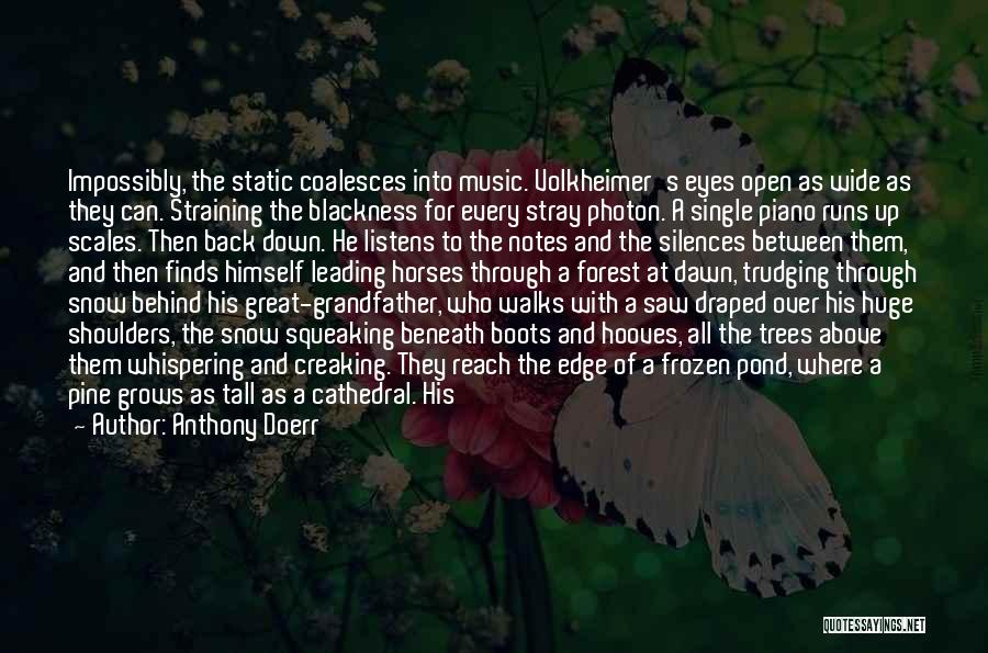 Anthony Doerr Quotes: Impossibly, The Static Coalesces Into Music. Volkheimer's Eyes Open As Wide As They Can. Straining The Blackness For Every Stray