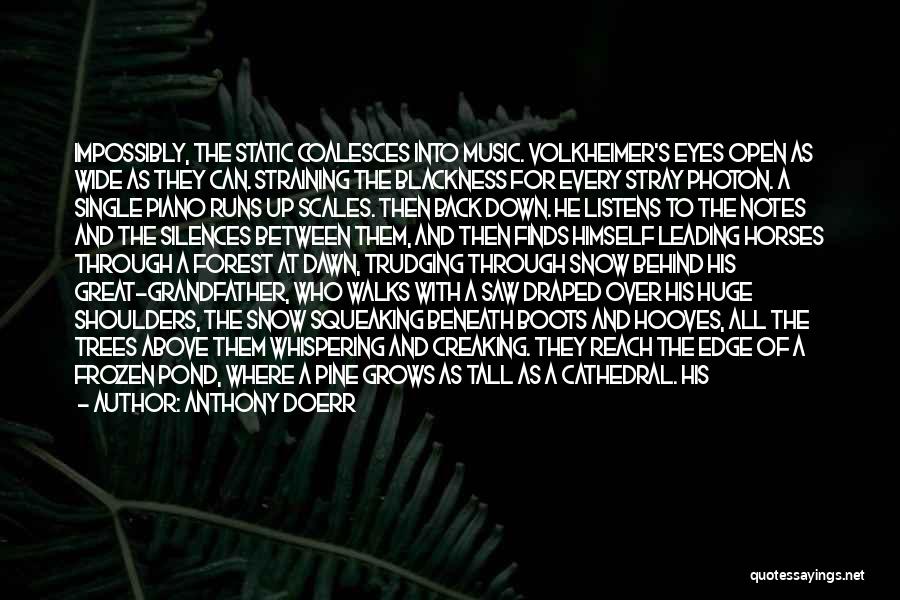 Anthony Doerr Quotes: Impossibly, The Static Coalesces Into Music. Volkheimer's Eyes Open As Wide As They Can. Straining The Blackness For Every Stray