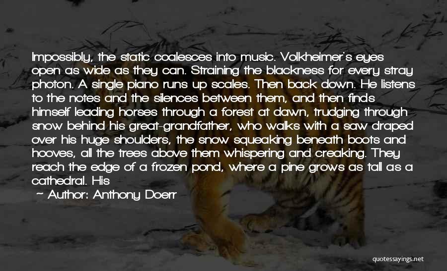 Anthony Doerr Quotes: Impossibly, The Static Coalesces Into Music. Volkheimer's Eyes Open As Wide As They Can. Straining The Blackness For Every Stray