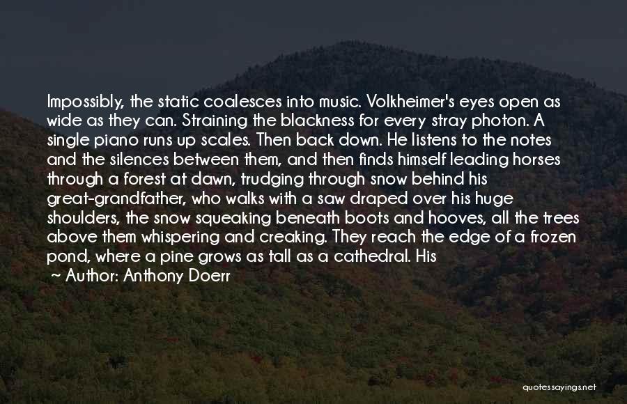 Anthony Doerr Quotes: Impossibly, The Static Coalesces Into Music. Volkheimer's Eyes Open As Wide As They Can. Straining The Blackness For Every Stray